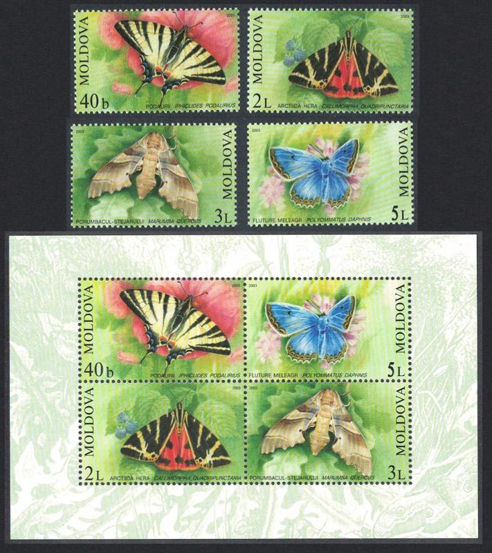 Moldova Butterflies and Moths 4v+MS SG#455-MS459 SC#440-443a