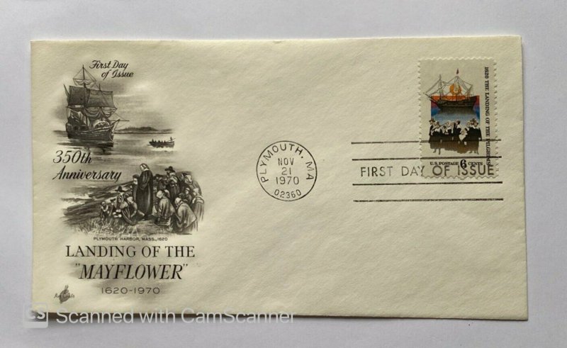 US FDC WITH CACHET 	350TH ANNIVERSARY LANDING OF THE MAYFLOWER 	1970	PLUMOUTH		 