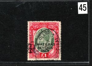 SWAZILAND KGV Revenue Stamp Overprint £1 High Value (1922) Used Bft.85 2WHITE45