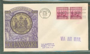 US 836 1938 3c Delaware Tercentenary (pair) on an addressed (hand stamp)