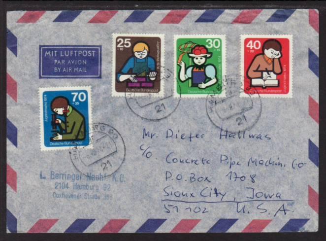 Germany to Sioux City IA 1974 Airmail Cover 