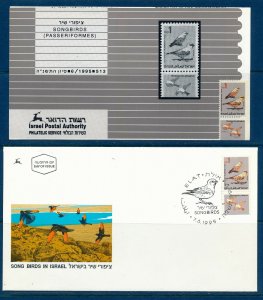 ISRAEL 1995 FAUNA SONGBIRD PASSERFORMES MNH + FDC+POSTAL SERVICE BULLETIN