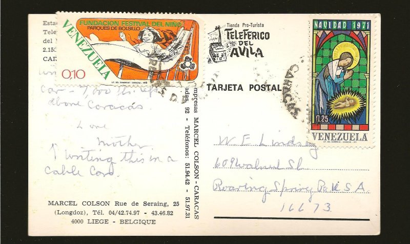 Venezuela 993 & 1050 on Postmarked 1973 to USA Postcard Used