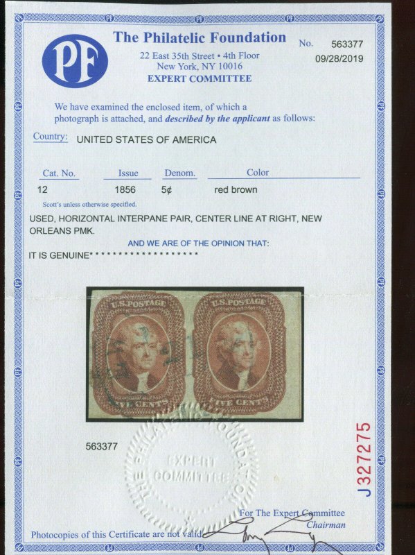 Scott 12 Jefferson Used Imperf Margin Pair of 2 Stamps w/ PF Cert (Stock 12-pf1)