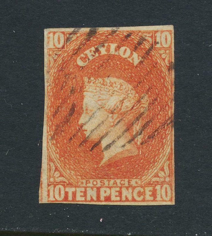 CEYLON 1859, 10d -4 MARGIN, VF USED SG#9 CAT£325 (SEE BELOW)