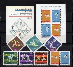 POLAND 1964 SUMMER OLYMPIC GAMES TOKYO SET OF 8 STAMPS & 2 S/S MNH