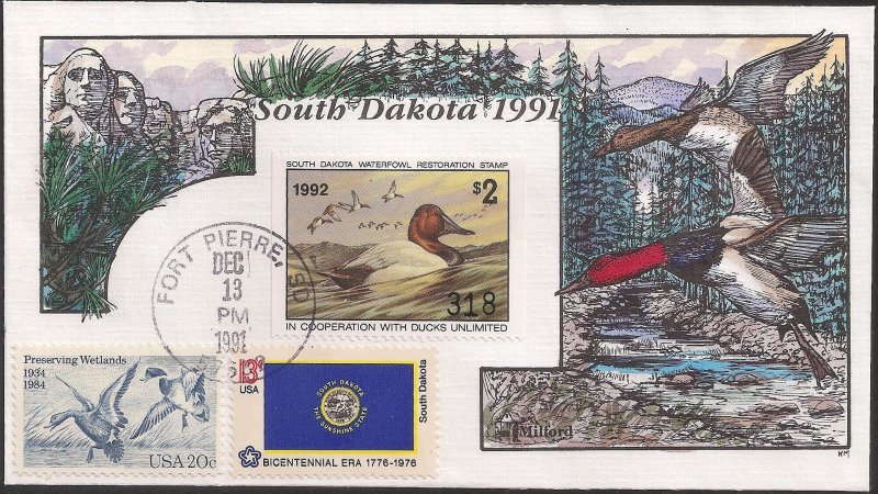 Fred Collins Hand Painted Milford Series FDC for South Dakota 1991 Duck Stamp