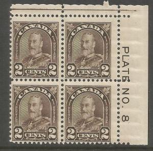 CANADA  166  MNH, PLATE BLOCK, UPPER RIGHT PLATE # 8, KING GEORGE V