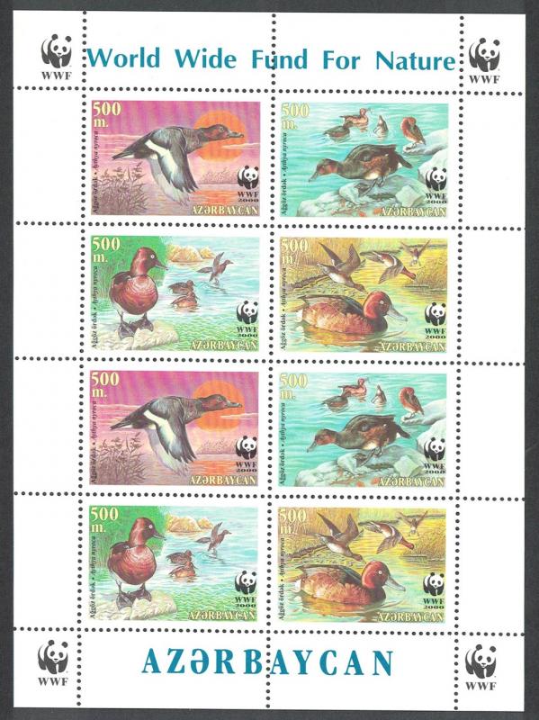 Azerbaijan Birds WWF Ferruginous Duck Sheetlet of 2 sets SG#480-483 SC#704 a-d