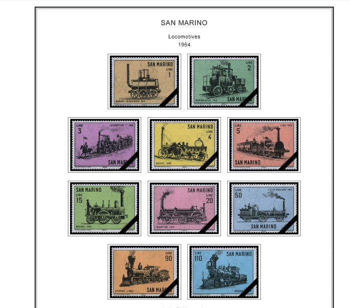 COLOR PRINTED SAN MARINO 1941-1965 STAMP ALBUM PAGES (40 illustrated pages)