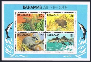 Bahamas 517a, MNH. Michel Bl.38. Wild life 1982. Bat, Hutia, Racoon, Dolphin.