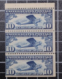 Scott C10a - 10 Cents Lindbergh - Booklet Pane Of 3 - OG MH - SCV $70.00