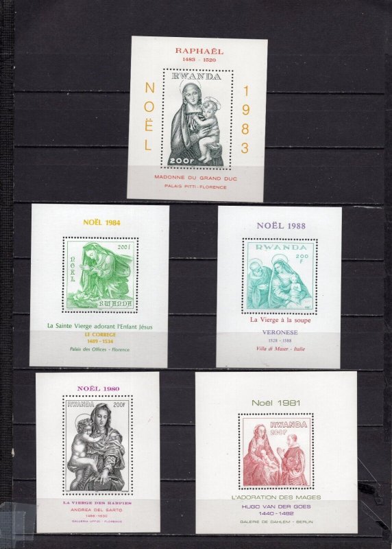 RWANDA 1980-1988 CHRISTMAS PAINTINGS SET OF 5 S/S MNH 