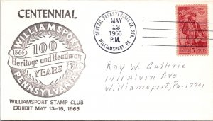 US SPECIAL EVENT CACHETED COVER CENTENNIAL OF WILLIAMSPORT PENNSYLVANIA 1966