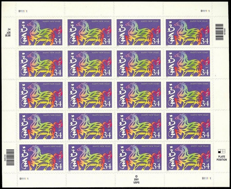 3559 YEAR OF THE HORSE Chinese New Year Sheet 20 34¢ MNH Stamps 