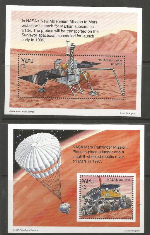 PALAU 411-412 MNH, SOUVENIR SHTS W/1 STAMP EACH, NASA'S MARS MISSION