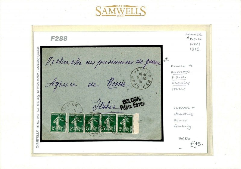FRANCE WW1 Cover Vannes Italy *RUSSIAN POW AGENCY* 1915 {samwells-covers}F288