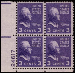 US #807 JEFFERSON MNH LL PLATE BLOCK #24617