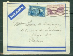 CANAL ZONE 1935 AIRMAIL COVER TO FRANCE