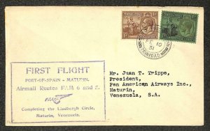 TRINIDAD & TOBAGO #22 & 29 STAMPS VENEZUELA LINDBERGH CIRCLE TRIPPE COVER 1931