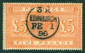 SG 137 £5 orange. Very fine used with an upright Edinburgh, Feb 1st 1896 CDS...