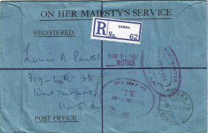 Nyasaland, 1954 Registered Cover, sent from Zomba, Nyasaland, to New Jersey