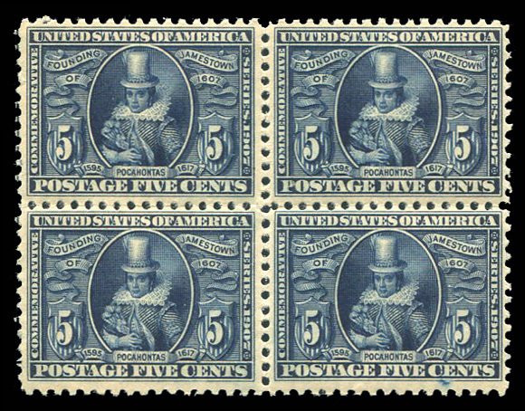 United States, 1904-9 #330 Cat$600, 1907 5c blue, block of four, hinged (some...