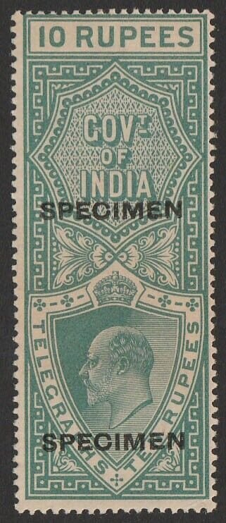 INDIA 1904 KEVII Telegraph 10R bluish green, SPECIMEN. Rare!