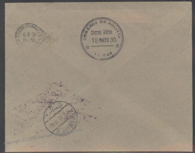 Bolivia 1930 Graf Zeppelin LZ127 Mi68C Cover Berlin Luftpost Connection 112526