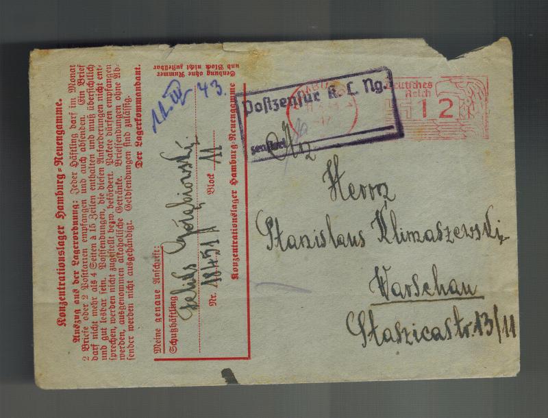 1943 Germany Neuengamme Concentration Camp Cover to Warsaw Feliks Gorabiorski