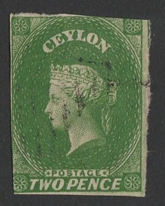 CEYLON 1857 QV 2d yellowish-green, imperf, wmk Star.