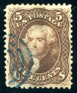 USA 1863 Jefferson 5¢ Brown Scott # 76  Blue target cancel ⭐⭐⭐⭐⭐