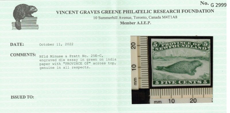 Newfoundland M&P #25E-C Very Fine Engraved Die Essay In Green **With Cert.**