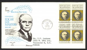 USA Sc# 1405 (Fleetwood) FDC Block/4 (g) Petersburg, IL 1970 Edgar Lee Masters