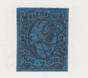 Saxony Sc 11 used. 1855 2ng black on beep blue King John I, 4 mgns, nice cancel