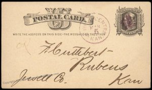 USA 1879 JEWELL CENTRE Kansas VIOLET CDS DPO R7 Postal Card Cover 96279