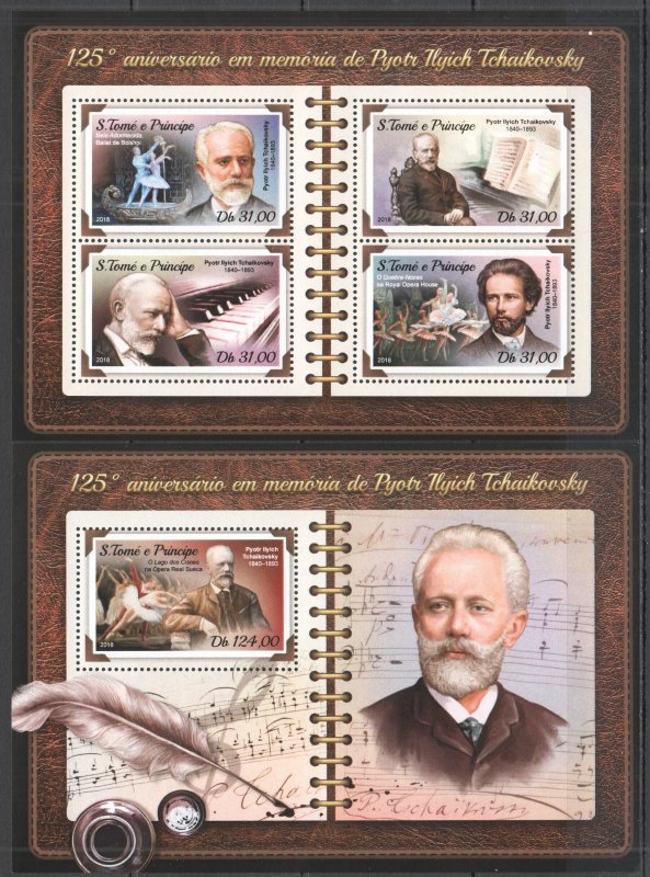 HM1128 2018 SAO TOME & PRINCIPE TCHAIKOVSKY MUSIC COMPOSERS #7648-1+BL1378 MNH