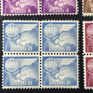 U.S.-CANAL ZONE # C21a-C26a-MNH-AIR-MAIL-WET PRINT-COMPLETE SET/BLOCKS OF 4-1951