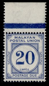 MALAYSIA - Malayan Postal Union GVI SG D13, 20c blue, NH MINT.