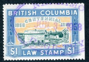 van Dam BCL49 - $1 blue - Used - British Columbia Law Stamp - 1958 Centennial