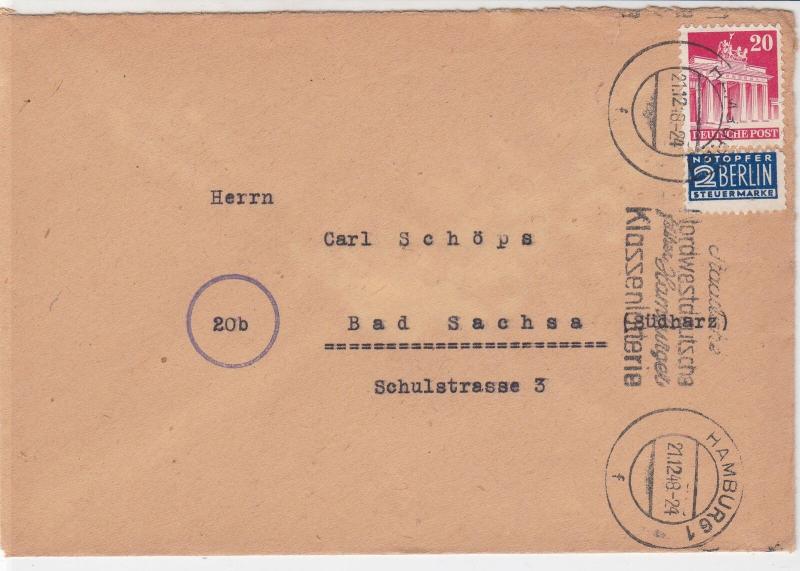 Germany 1948 Hamburg Slogan Cancel Obligatory Tax Aid Berlin Stamps Cover  27335