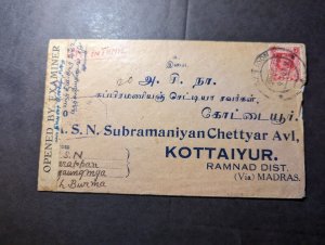 1945 Censored Burma Mily Admn Overprint Cover Rangoon to Kottaiyur British India