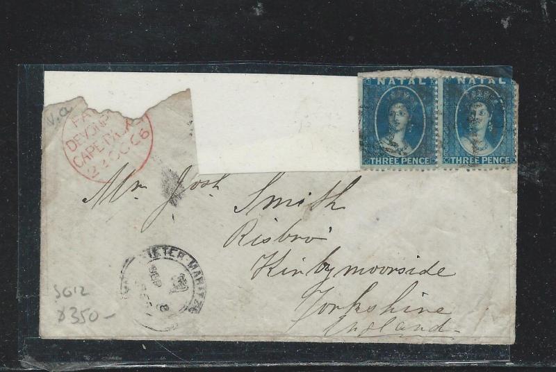 NATAL (P2709B) 1866 QV 3D PR SG 12 ON LARGE OART ENVELOPE, SOME STAMPS CUT OUT