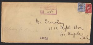 U.S. 1912 10¢ U.S. REGISTRY STAMP TIED REG. COVER TO TAX COLLECTOR IN LOS ANGLOS