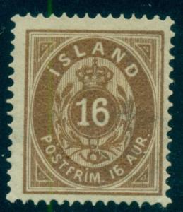 ICELAND #12 16aur deep brown, thin paper, og, LH, Facit $360.00