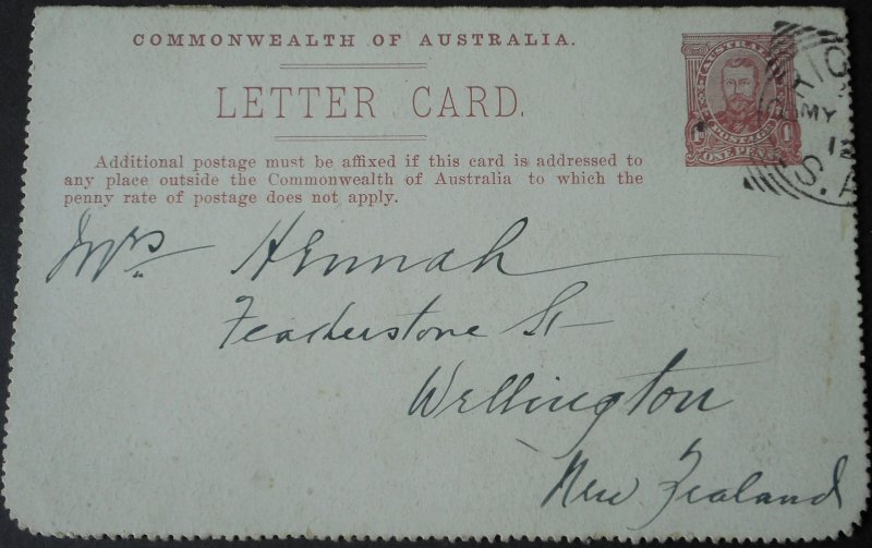 Australia 1912 GV One Penny Letter Card to New Zealand