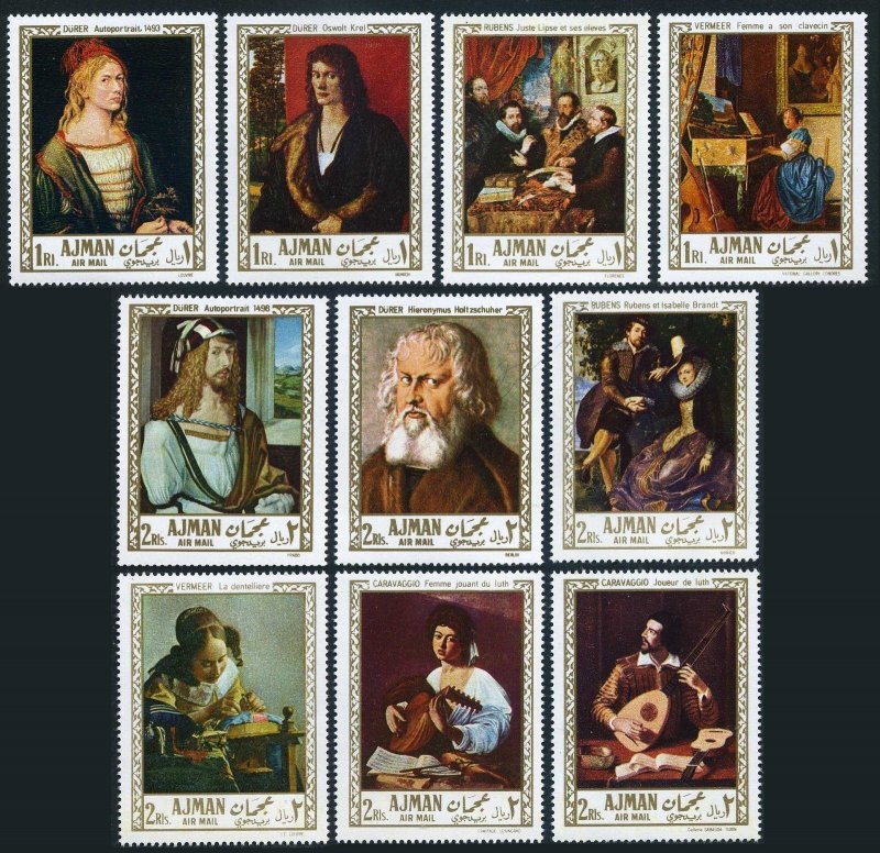 Ajman 225-234 Michel,MNH. Paintings by Durer,Rubens,Jan Vermeer,Caravaggio,1968.