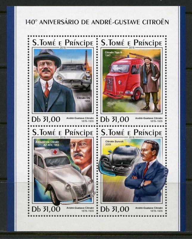 SAO TOME 2018  140th BIRTH ANNIVERSARY OF ANDRE GUSTAVE CITROEN  SHEET MINT NH