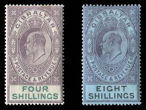 Gibraltar #46-47 (SG 43-54) Cat£300, 1903 Edward, 4sh and 8sh, lightly hinged