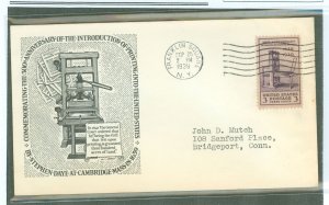 US 857 1939 3c printing in America/300th anniversary on an addressed first day cover with a cockley cachet and an unofficial Fra